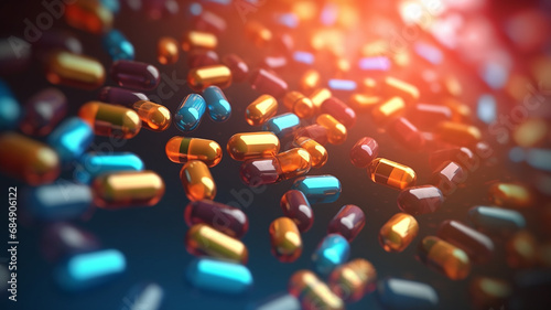 multicolored scattering of tablets capsules of antibiotics.