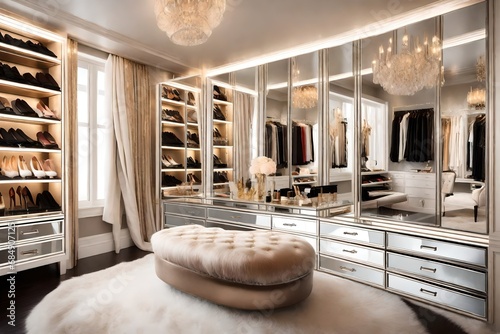 A glamorous dressing room with a mirrored vanity, Hollywood-style lighting, and a plush ottoman