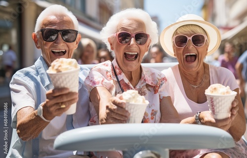 Three elderly pals enjoying ice cream on a sweltering summer day in the city.