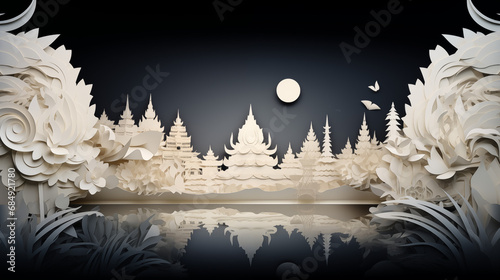 paper cut style Thailand style, all in white color, against a light. black background with soft, gentle light. paper cute style. colourwater style.