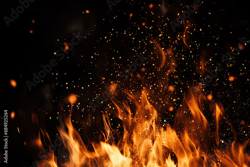 Fire embers particles over black background. Fire sparks background. Abstract dark glitter fire particles lights. bonfire in motion blur. flames burning