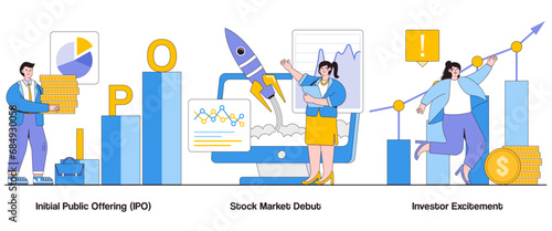 Initial public offering, stock market debut, investor excitement concept with character. IPO Launch abstract vector illustration set. Investor anticipation, stock market entry metaphor