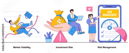 Market volatility, investment risk, risk management concept with character. Risk Management abstract vector illustration set. Investment security, risk mitigation, financial stability metaphor