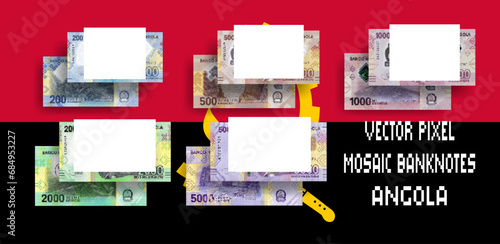 Vector set of pixel mosaic banknotes of Angola. Collection of 200, 500, 1000, 2000 and 5000 kwanzaa bills. Obverse and reverse. Play money or flyers.