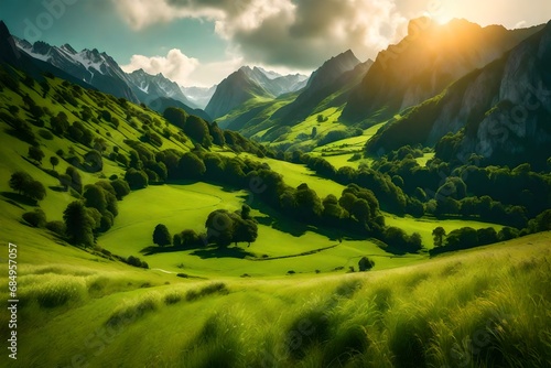 Majestic view of beautiful lush green valley with trees and colorful grass against picturesque high mountains in asturias in spain