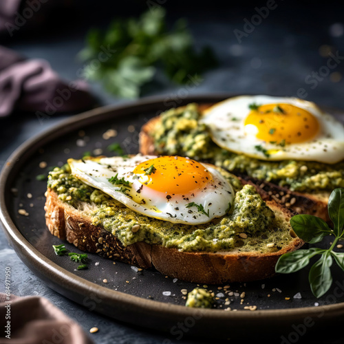 Close-up of healthy toast with pesto and eggs on a gray plate.