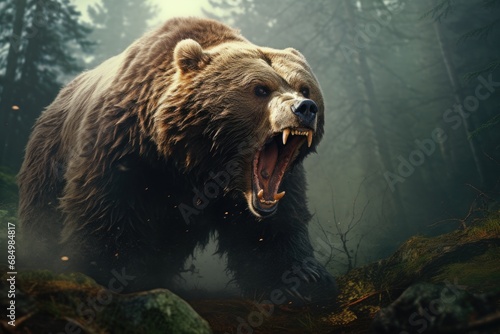 Roaring bear in the forest