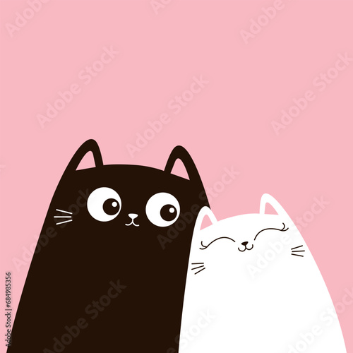 Black and white cat set. Love couple hugging kittens. Cute cartoon funny kitty character. Kawaii animal in love. Happy Valentines Day. Greeting card. Flat design. Pink background