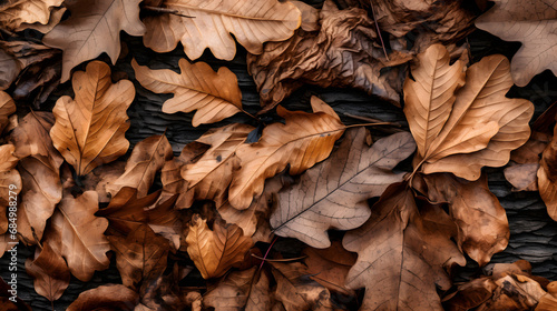 Dry oak leaves on the ground for background. generative ai.