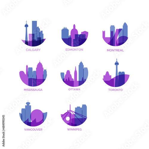 Canada cities logo and icon set. Vector graphic collection for Canadian Calgary, Edmonton, Montreal, Mississauga, Ottawa, Toronto, Vancouver, Winnipeg