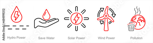 A set of 5 Ecology icons as hydro power, save water, solar power