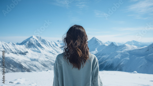 frau steht morgens im skigebiet und schaut aus terasse balkon aufs skigebiet mit schnee gipfeln und bergen 