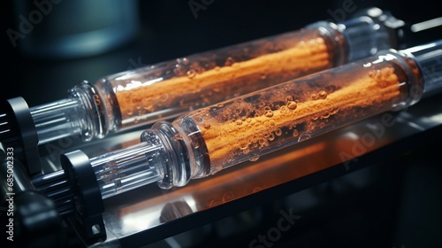 A shiny pair of perm rods immersed in a clear chemical solution, ready for a hair treatment.