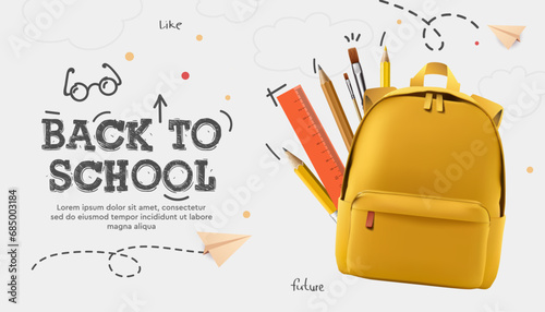 Back to school banner, poster. Yellow backpack, stationery, paper airplanes, doodle drawing, vector illustration
