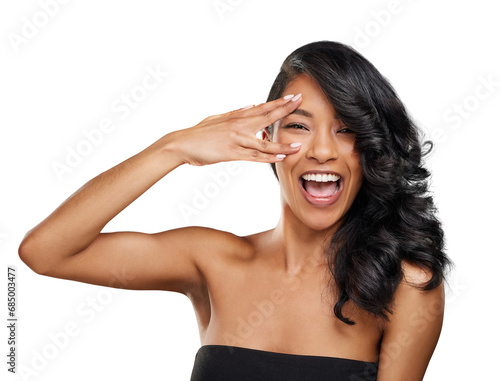 Woman, smile and hand gesture for haircare, portrait and isolated on transparent png background. Black female person, happy and confident for keratin treatment or blowout, hairstyle and curly hair