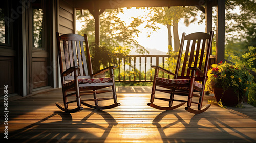 rocking chairs on a porch at sunset