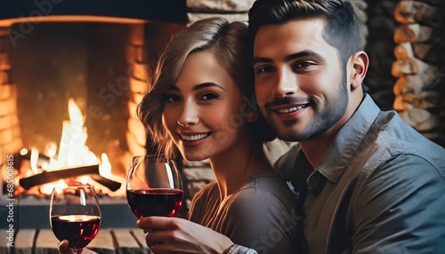 Para młodych ludzi pije wino przed kominkiem. Romantyczne chwile zakochanych, wieczór walentynkowy