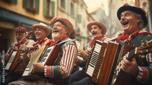 Group of minstrels performing music outdoors