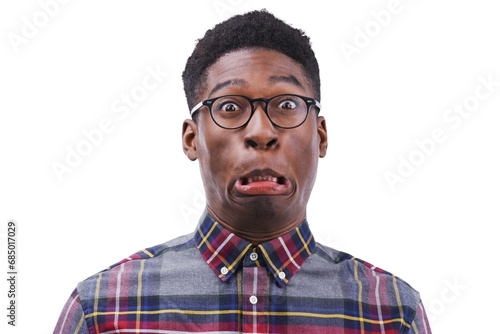 Oops, portrait and funny black man with comic expression on isolated, transparent or png background. Oh no, mistake and face of African model with fail, grimace or goofy personality or sorry reaction