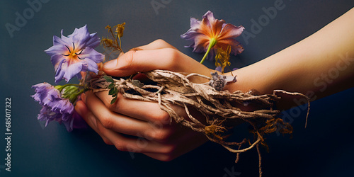 woman with flowers tied around her wrist, A bouquet of indomitable desires blooms in her hands. Mystical Harmony