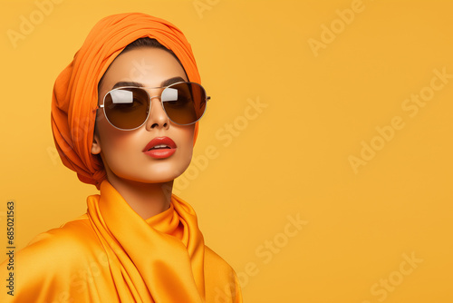 an arab gril portraits with sunglasses, light orange background