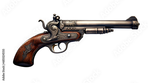 Old pirate flintlock pistol, pirate gun weapon isolated on a transparent background, cutout PNG file