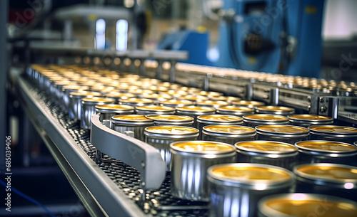 Production of canning jars in large quantities in a factory. Canned goods on the conveyor