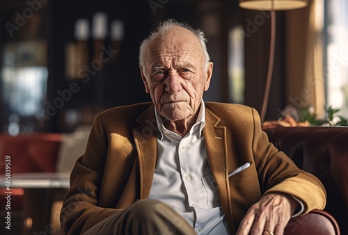 old man sitting on a couch at home, emotive body language, back button focus, rationalist chic