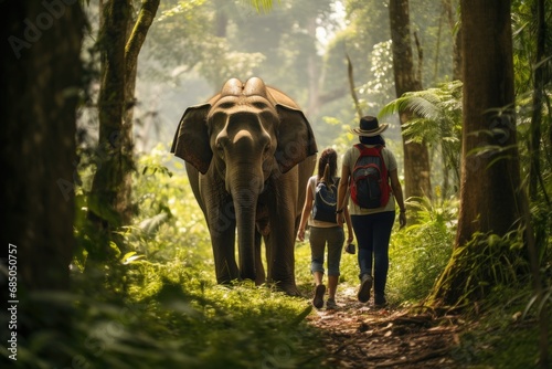 Young couple walking in the jungle with an elephant in the background, Eco travel in the jungle with wild animals elephants, AI Generated