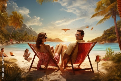 Couple sitting on a sun lounger on a tropical beach, Family on a tropical beach vacation, AI Generated