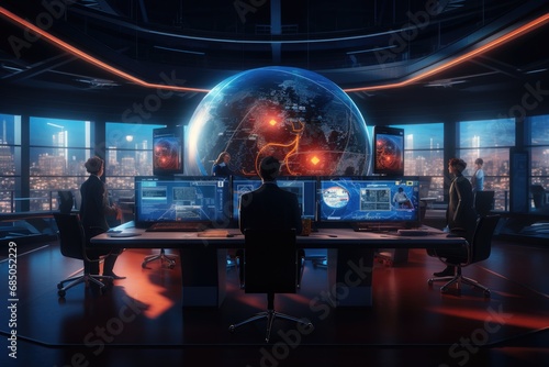 Silhouette of businessman in modern office interior with planet Earth. 3D rendering, Futuristic cyber security workspace with a team of modern businessmen collaborating, AI Generated