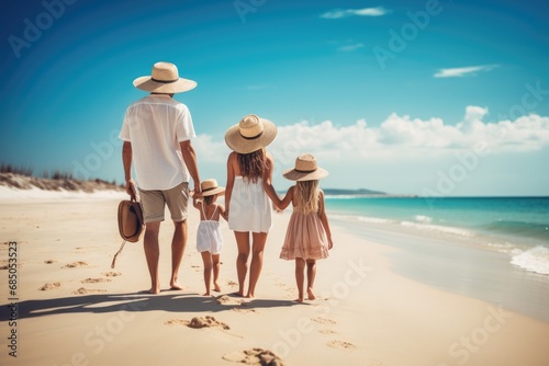 happy family with two kids walking on tropical sand beach at summer vacation, Happy family enjoying together on beach on holiday vacation, AI Generated
