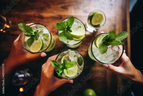 Close-up of female hands holding glasses of mojito cocktails, Happy group of friends cheering with mojito drinks at a cocktail bar restaurant, top view, no face, AI Generated