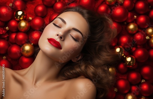 Portrait of attractive elegant woman touch hug herself enjoy beauty smooth skin on x mas christmas background made of red and gold Christmas baubles. New Year ad layout, banner template.