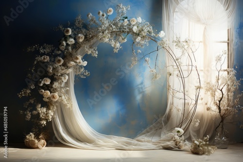 Maternity backdrop, wedding backdrop, photography background, maternity props, Light hoop weaved with blue flowers, white flowers, elegant wall background, flowing white satin drape, backdrop, 