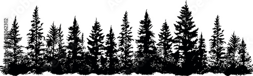 Set of coniferous spruce trees silhouettes, creating a horizontal arrangement. Perfect for adding a touch of nature to any design. Generative AI