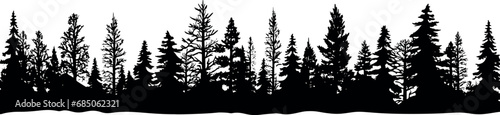 Set of horizontal silhouettes of coniferous spruce fir trees on a transparent background. Generative AI