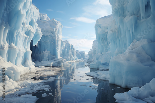 arctic seascape, sea passage between icebergs