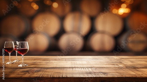 Empty wooden table top with blur wine cellar background