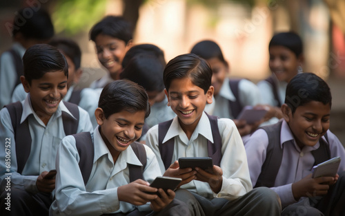 Indian school boys using smartphone