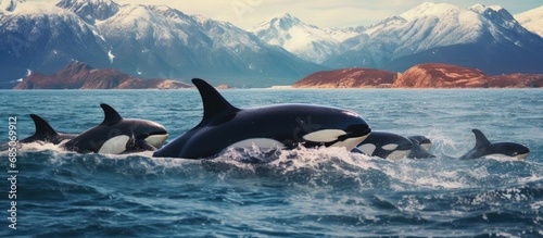 Killer whales prey on sea lions along the coast of Patagonia Argentina copy space image