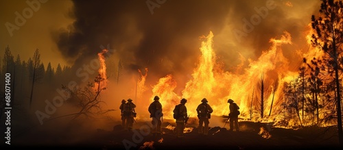Firefighters combat wildfires due to the impact of climate change and global warming on wildfire trends copy space image