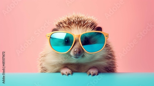 Creative animal concept. Porcupine in sunglass shade glasses isolated on solid pastel background, commercial, editorial advertisement. create using a generative ai tool 