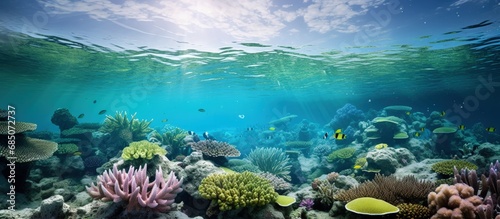 Coral reef photographed underwater at Lipah beach Amed in Bali copy space image