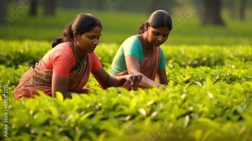Rural women workers plucking tender tea shoots.
