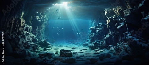 Light penetrates dark underwater caves in the Solomon Islands due to limestone erosion copy space image