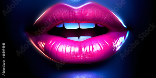  Woman lips neon fashion Closeup of beautiful female lips with bright makeup Fashion shot woman's lips with vivid lipstick with glitter Closeup of Lips with Striking Makeup in Neon Fashion AI Genera