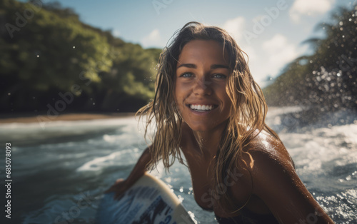Mujer joven y atractiva disfrutando de las olas del mar con su tabla de surf. Estilo de vida. 