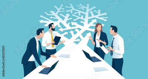 Decision. Too many options. Selection. A business team looks at arrows pointing to many directions. Concept business vector illustration 