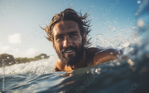 Chico surfero preparado para navegar una ola en la playa. Estilo de vida.